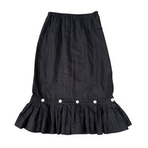 Two Wishes Black Linen Skirt with Pearl Buttons & Ruffle Hem elastic waist Sz L